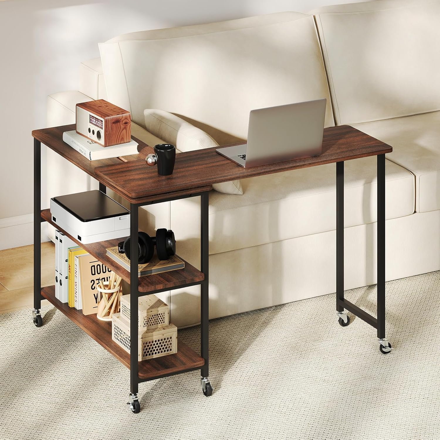 Desk Setup With Laptop - 360° Rotating Side Table with 2-Tier