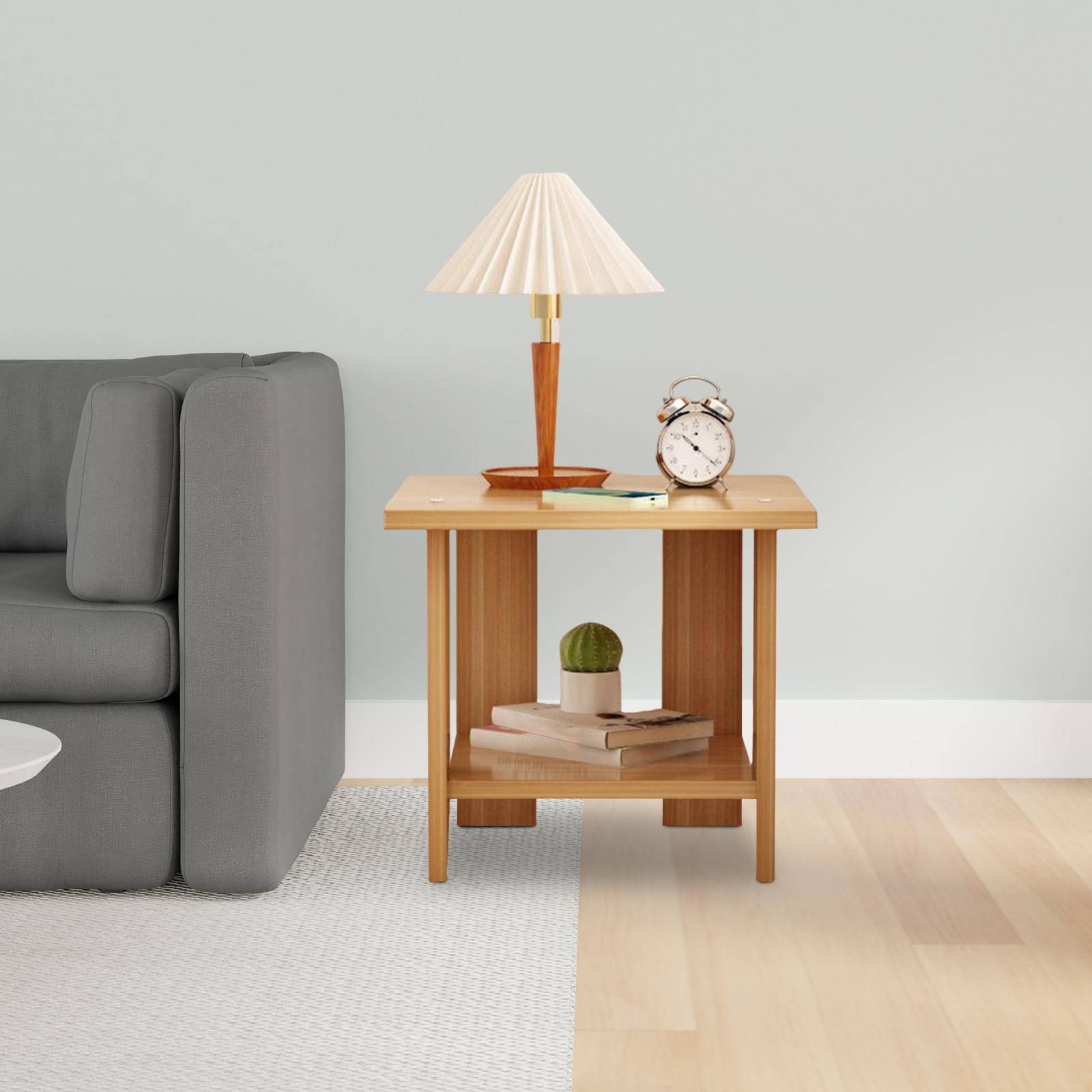 Desk Setup With Laptop - Wooden Double Layers Side Table Multifunctional