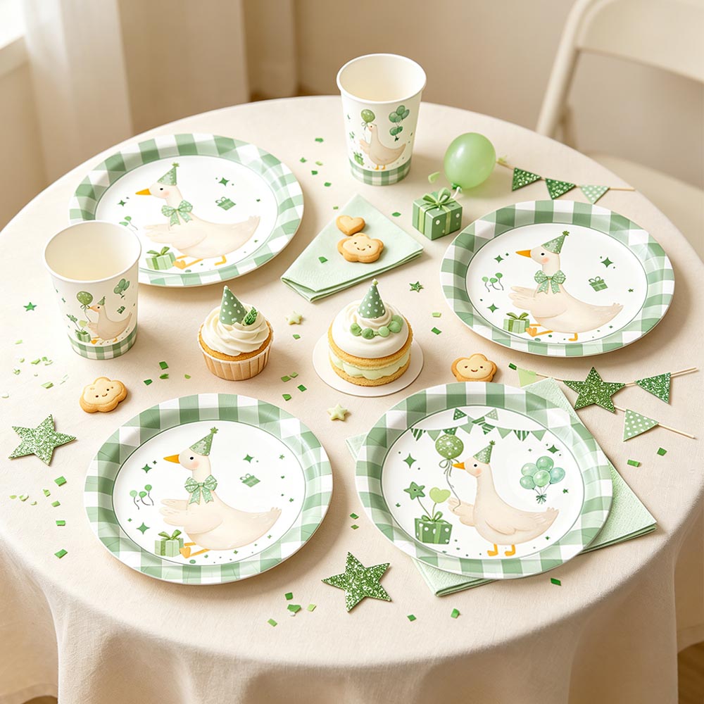 Desk Setup Green - Cute White Duck Green Plaid Disposable
