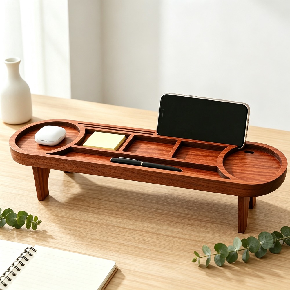 Desk Setup Home Office - Wooden Desk Organizer with Phone Stand